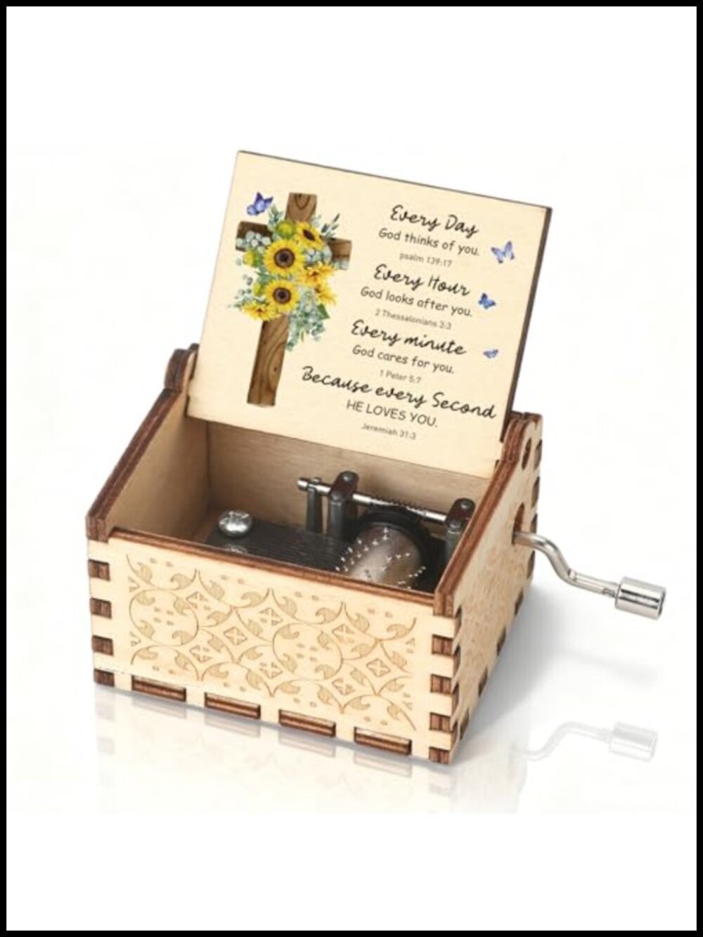 Wooden Hand Crank Music Box Vintage Carved Jesus Loves Me Christian Gift